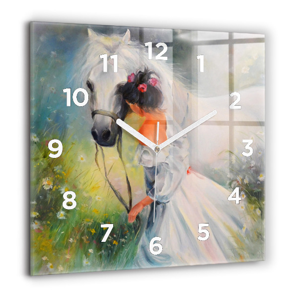 Horloge murale carrée Belle femme avec un cheval