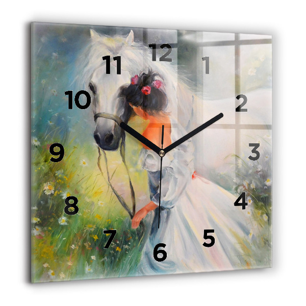 Horloge murale carrée Belle femme avec un cheval