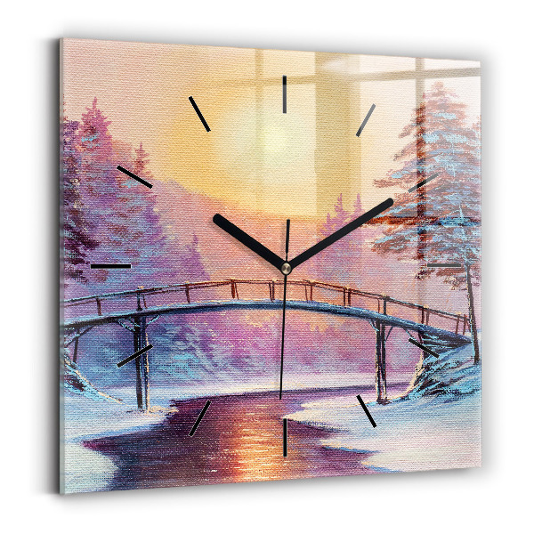 Horloge murale carrée Sapin de Noël et pont