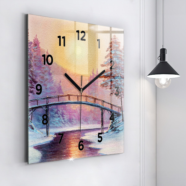 Horloge murale carrée Sapin de Noël et pont