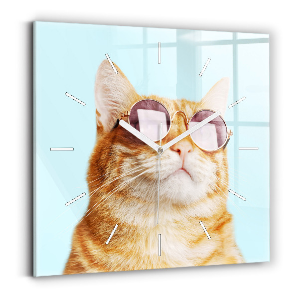 Pendule carrée en verre Chat drôle avec des lunettes