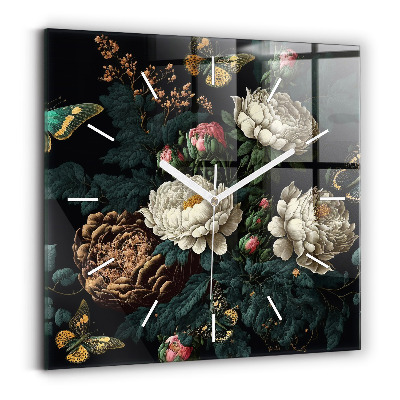 Horloge murale carrée Fleurs et papillons dorés