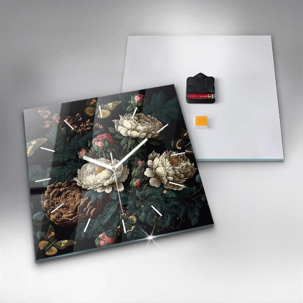 Horloge murale carrée Fleurs et papillons dorés