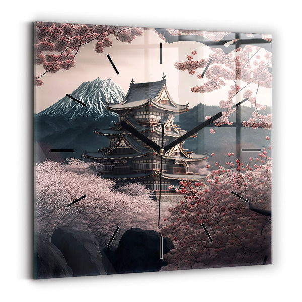 Horloge murale carrée Tour et fleurs en Asie