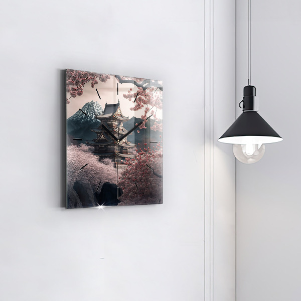 Horloge murale carrée Tour et fleurs en Asie