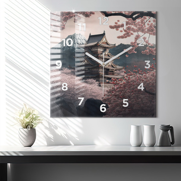 Horloge murale carrée Tour et fleurs en Asie