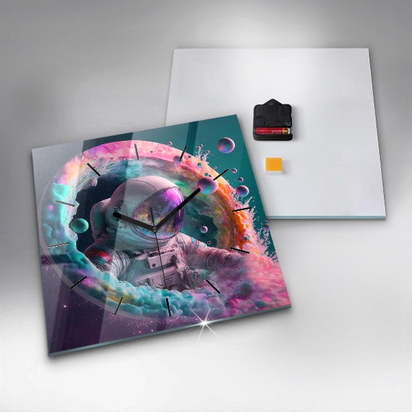 Horloge murale carrée Cosmonaute et nuages colorés