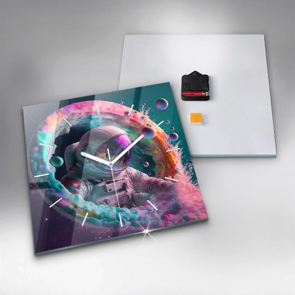 Horloge murale carrée Cosmonaute et nuages colorés