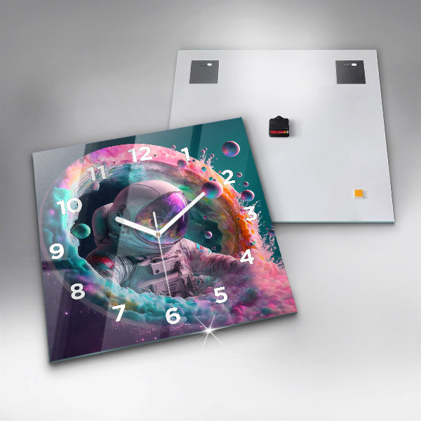 Horloge murale carrée Cosmonaute et nuages colorés