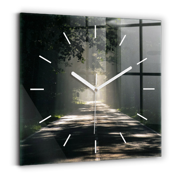 Horloge murale carrée Route forestière et rayons de soleil