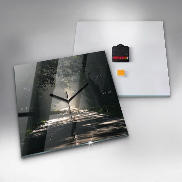 Horloge murale carrée Route forestière et rayons de soleil