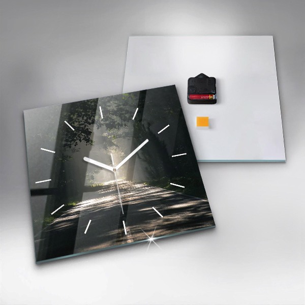 Horloge murale carrée Route forestière et rayons de soleil