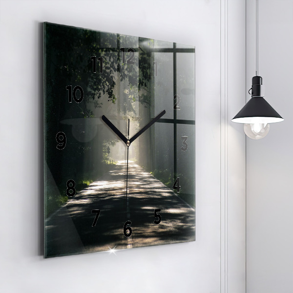 Horloge murale carrée Route forestière et rayons de soleil