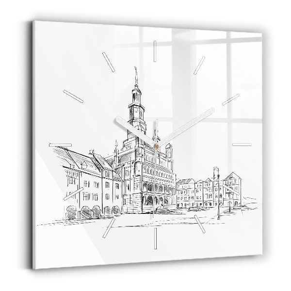 Horloge murale carrée Croquis de la vieille ville de Poznań