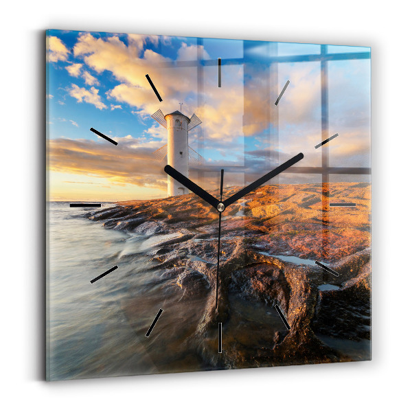 Horloge carrée en verre Le phare et la mer Baltique