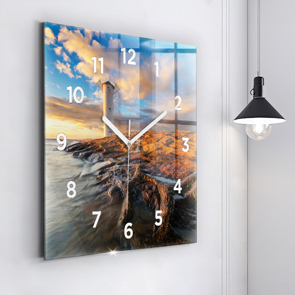 Horloge carrée en verre Le phare et la mer Baltique