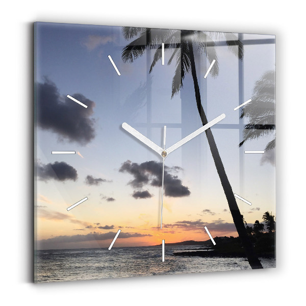 Horloge murale carrée Palmier et lever de soleil