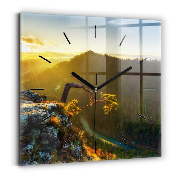 Pendule carrée en verre Coucher de soleil sur les montagnes