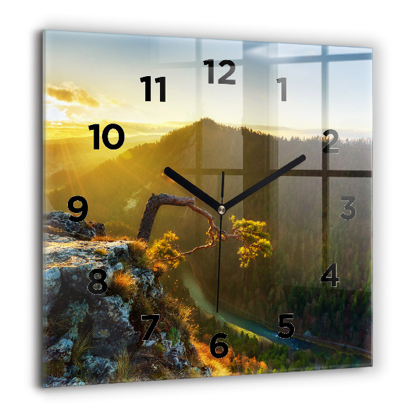 Pendule carrée en verre Coucher de soleil sur les montagnes