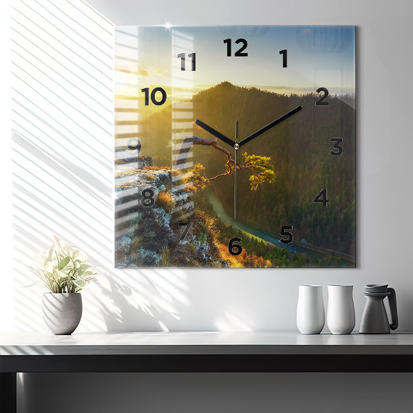 Pendule carrée en verre Coucher de soleil sur les montagnes