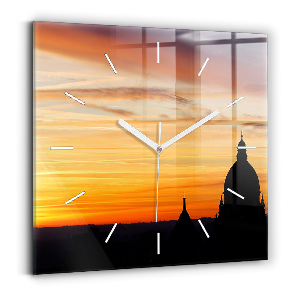 Pendule carrée en verre Bâtiment et coucher de soleil