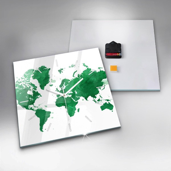 Horloge murale carrée Carte du monde verte