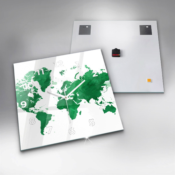 Horloge murale carrée Carte du monde verte