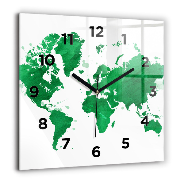 Horloge murale carrée Carte du monde verte