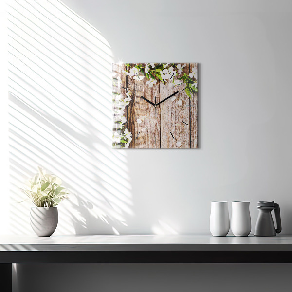 Horloge murale carrée Fleurs sur bois