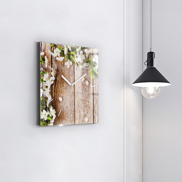 Horloge murale carrée Fleurs sur bois
