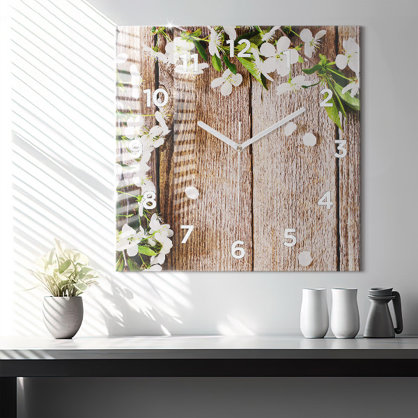 Horloge murale carrée Fleurs sur bois