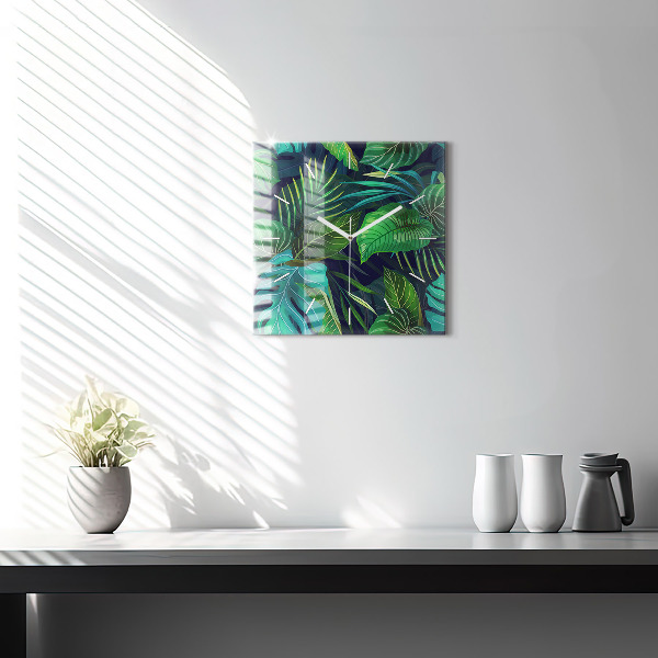 Pendule carrée en verre Feuilles exotiques