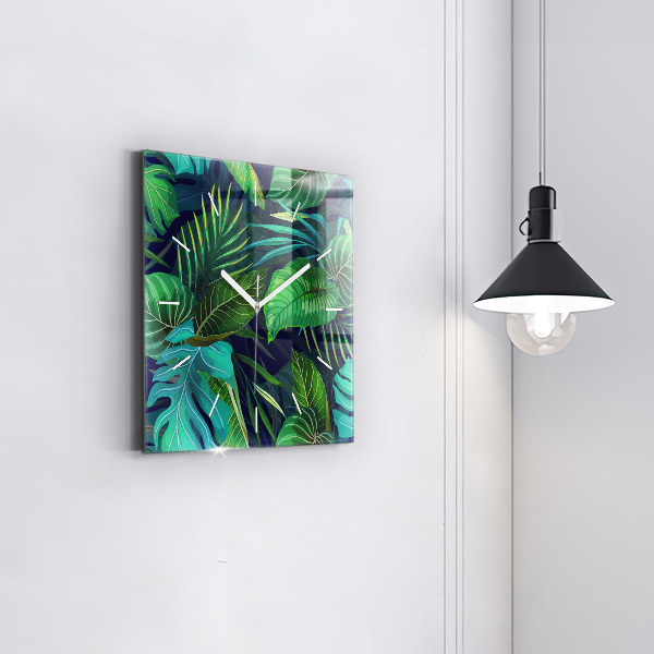 Pendule carrée en verre Feuilles exotiques