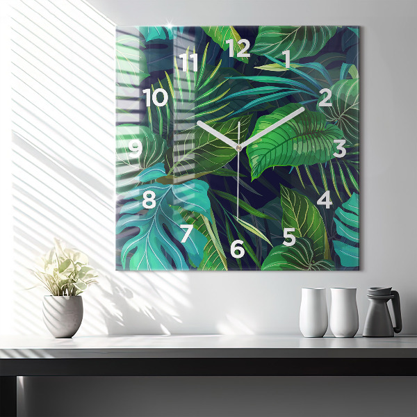 Pendule carrée en verre Feuilles exotiques