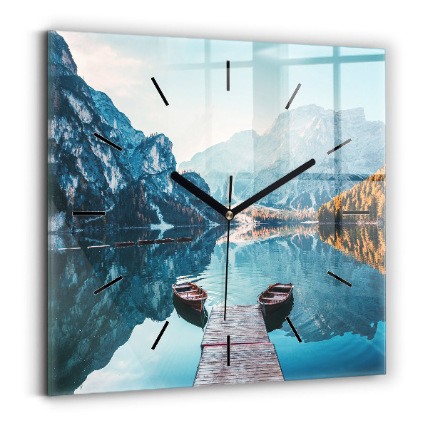 Pendule carrée en verre Bateaux sur le lac