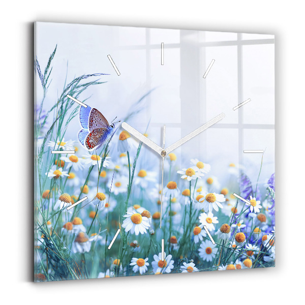 Pendule carrée en verre Papillon dans la prairie