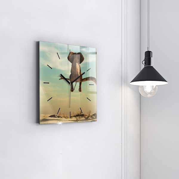 Pendule carrée en verre Éléphant sur un arbre