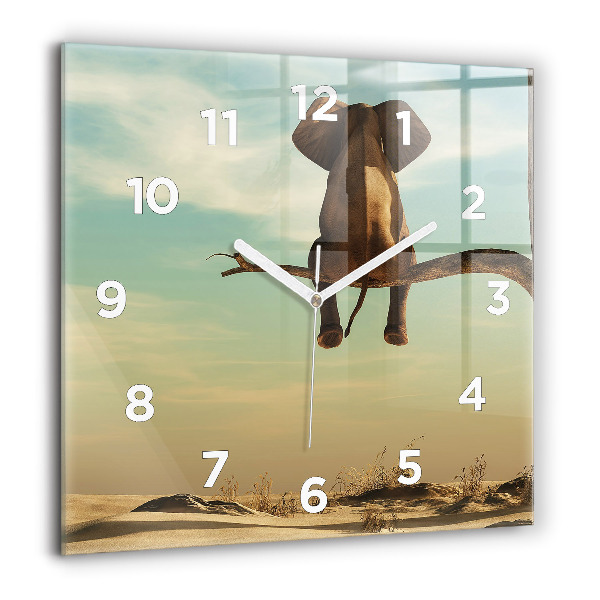 Pendule carrée en verre Éléphant sur un arbre