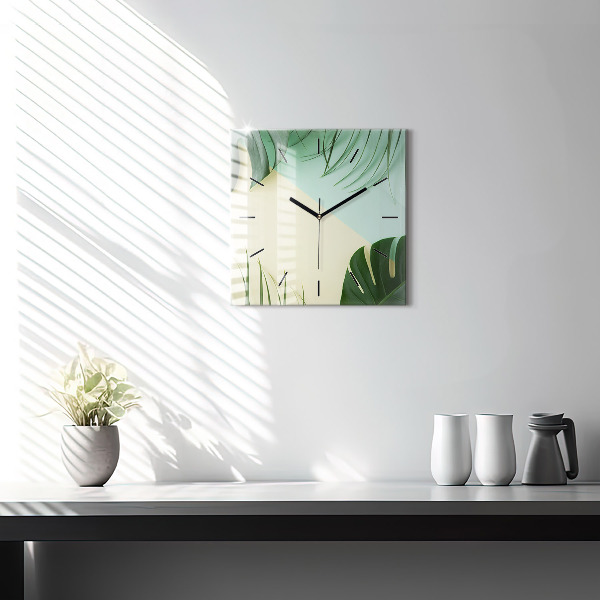 Pendule carrée en verre Feuilles de Monstera