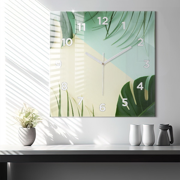 Pendule carrée en verre Feuilles de Monstera