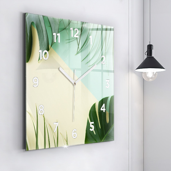 Pendule carrée en verre Feuilles de Monstera