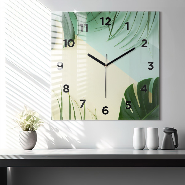 Pendule carrée en verre Feuilles de Monstera