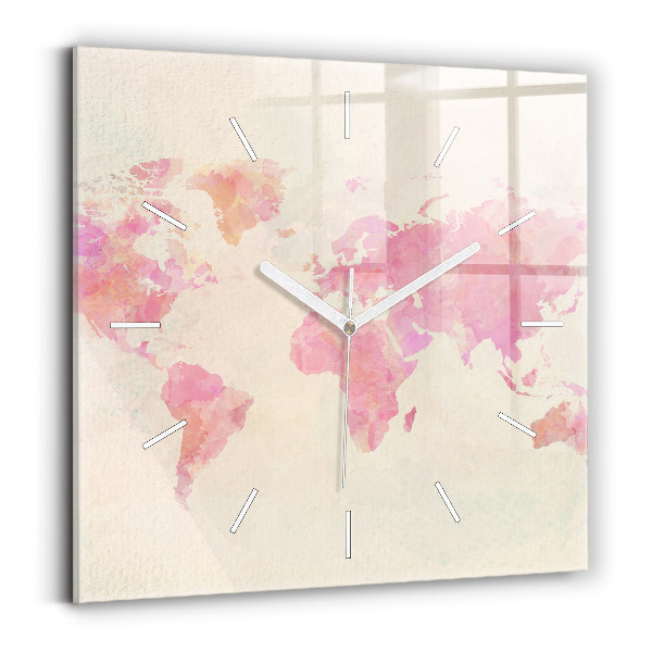 Pendule carrée en verre 'Carte du monde à l''aquarelle'