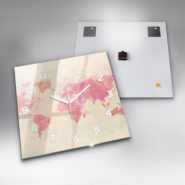 Pendule carrée en verre 'Carte du monde à l''aquarelle'