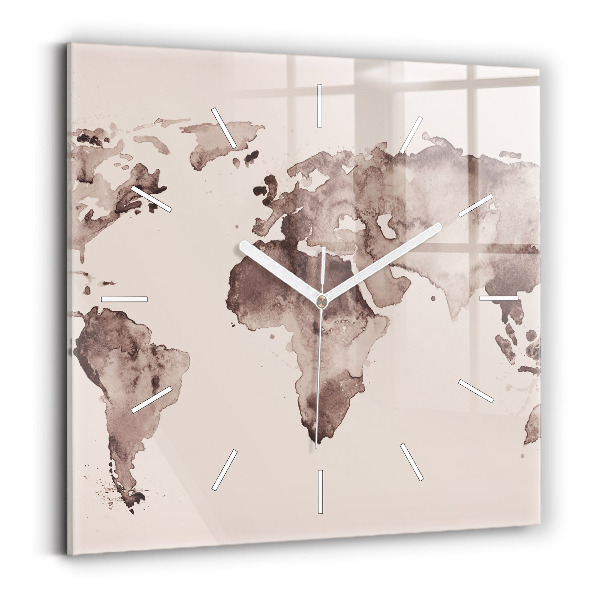 Horloge carrée en verre 'Carte du monde à l''aquarelle'