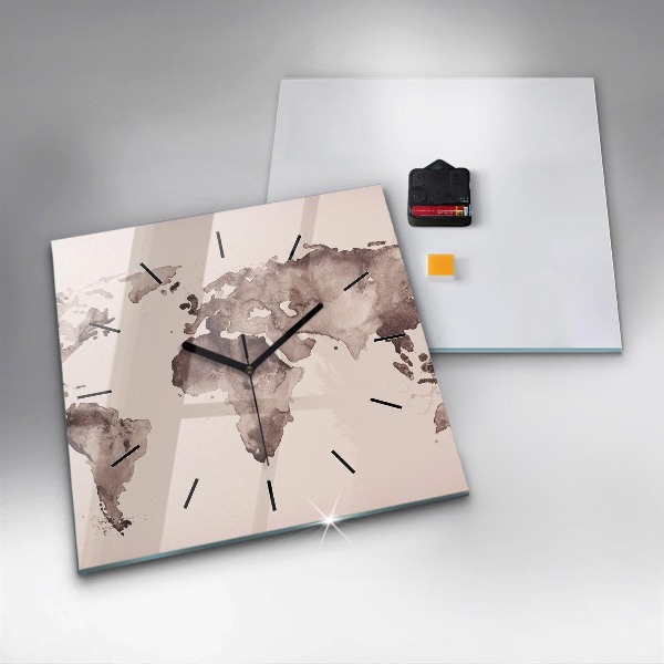 Horloge carrée en verre 'Carte du monde à l''aquarelle'