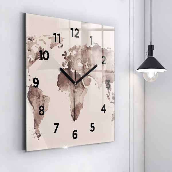 Horloge carrée en verre 'Carte du monde à l''aquarelle'