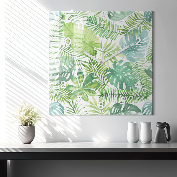 Horloge carrée en verre Feuilles vertes