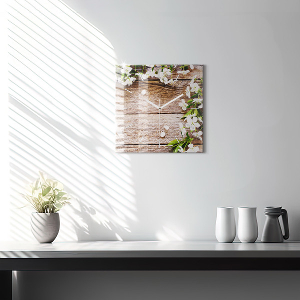 Horloge murale carrée Fleurs sur bois