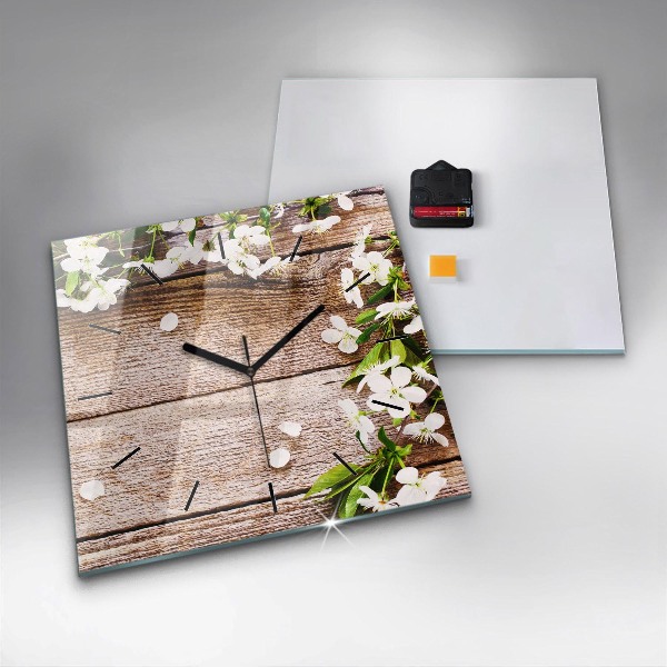 Horloge murale carrée Fleurs sur bois